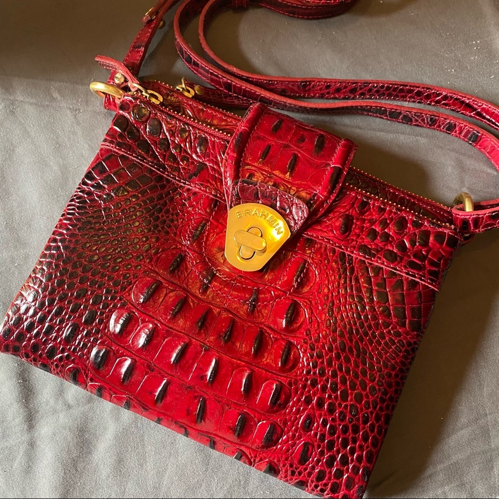 Brahmin Leather Crossbody Organizer Bag Crimson Red Adjustable Strap